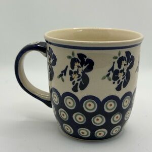 Polish Pottery Ceramic Mug Hand Made In Poland Boleslawiec Peacock Flowers